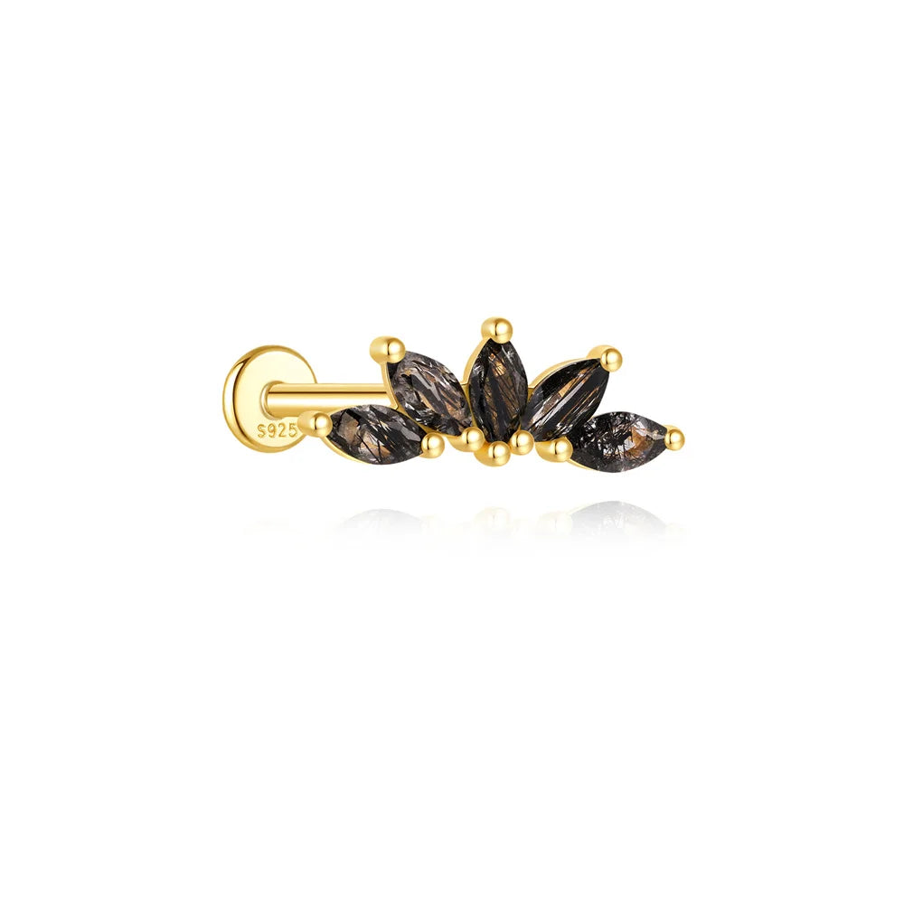 CANNER 1PC Natural Black Hair Quartz 925 Sterling Silver Horse Eye Flat Head Thread Puncture Earring Flower Piercing Earring