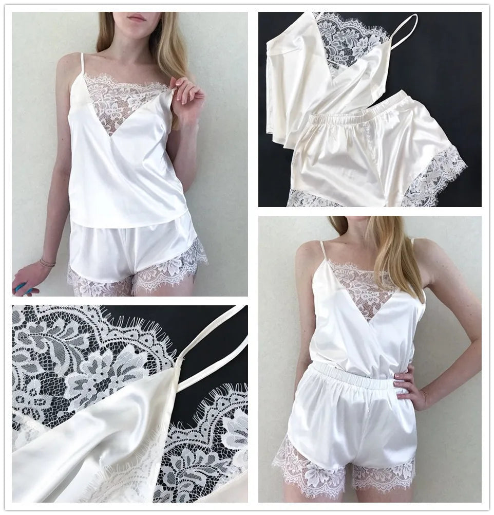 Women Sleepwear Hollow Out Lace Satin Pajamas Set Nightwear Vest Top Shorts Pajama Satin Silk Camisole Underwear Нижнее Белье