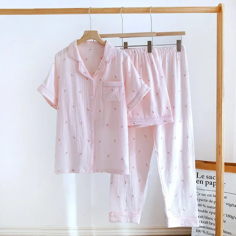 Small Love Heart Printed Cotton Pajamas for Women Three Piece Set Spring and Summer Short Sleeved Shorts Homewear Long Pants Set