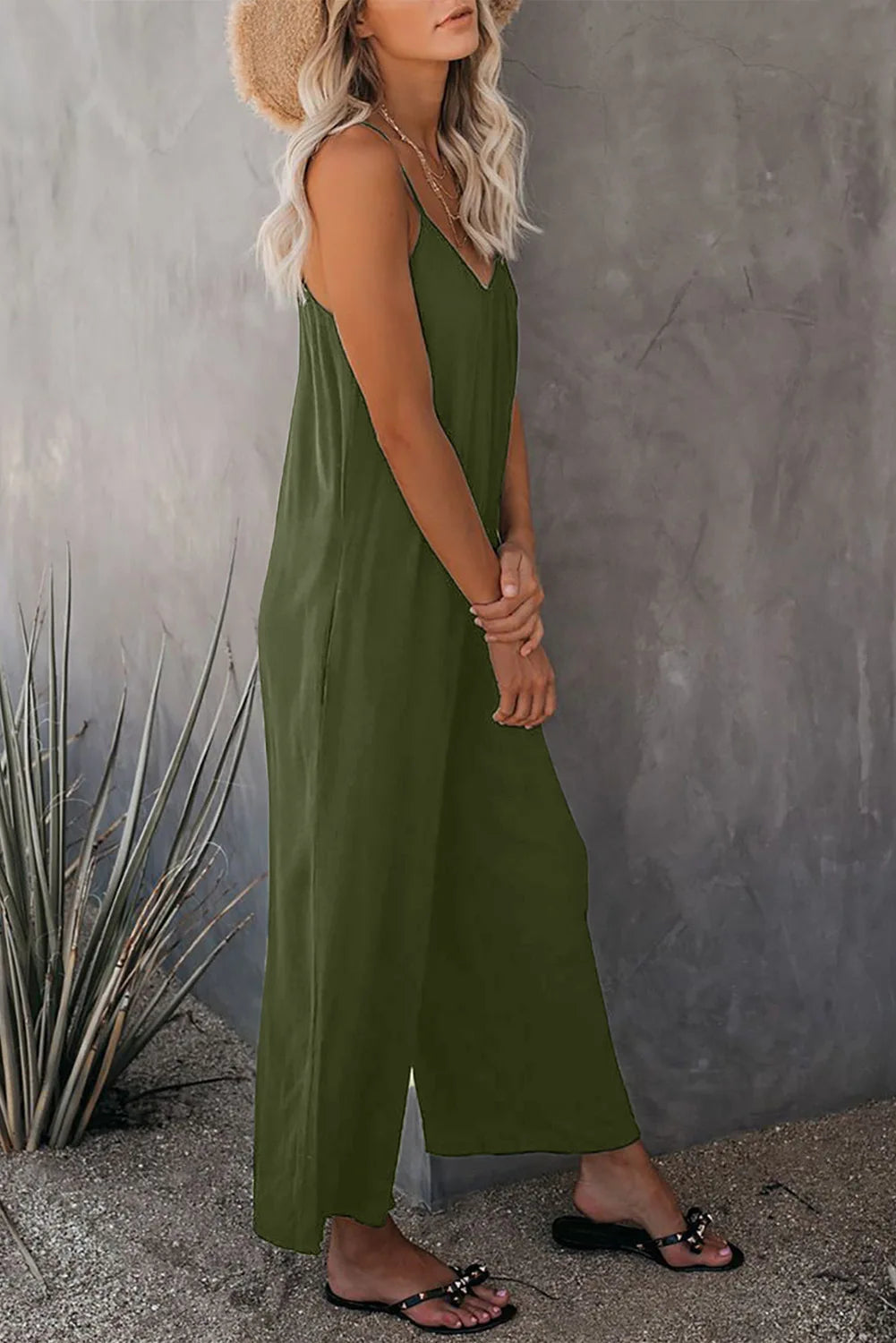 European and American Suspender Women's 2023 Summer New Foreign Trade Tolid Color Pocket Casual Jumpsuit