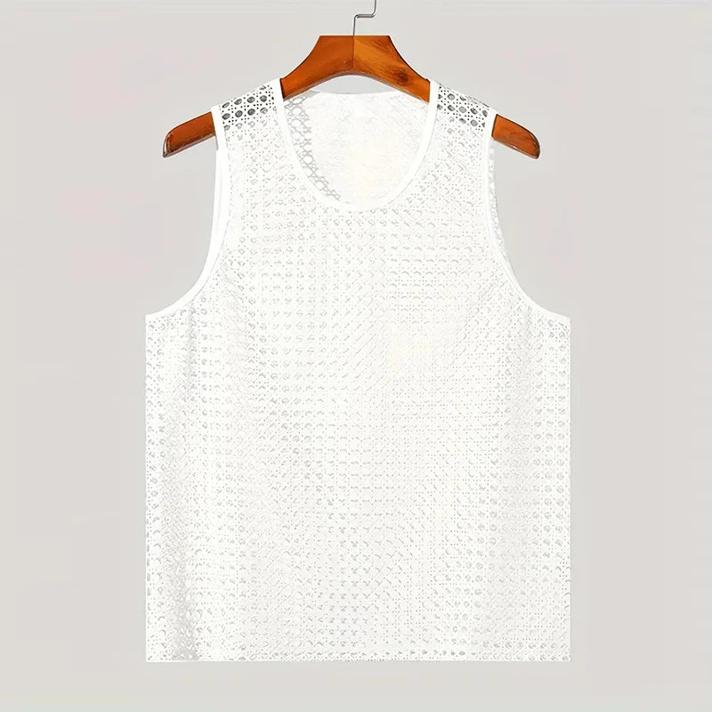 New American Style Fashion Men Tops Popular Vacation Hollow Out Mesh Vests Sexy Casual Sleeveless Tank Tops S-2XL 2025 Summer