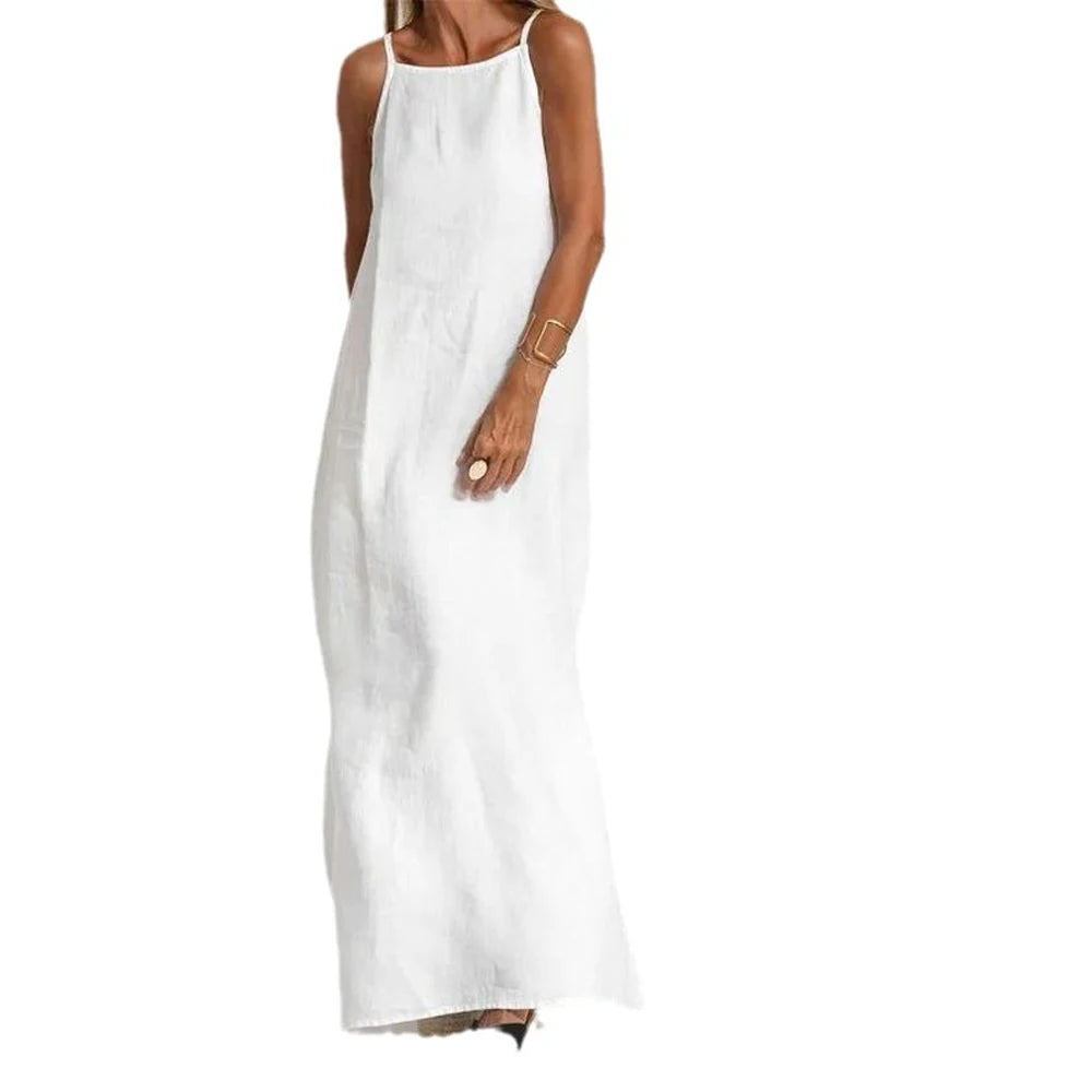 Women Cotton linen Side Split Long Slip Dress Summer Lady Strapless Solid Color Holiday Party Dresses FYY-10080