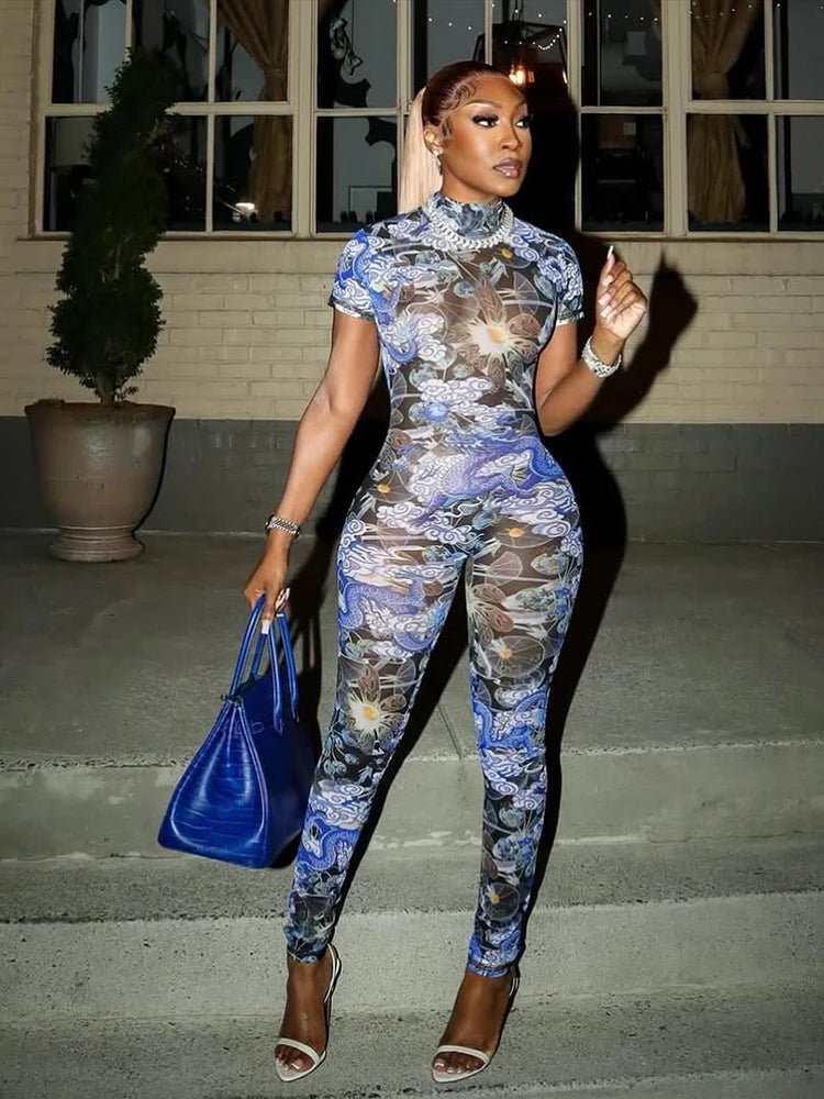 Nibber Colorful Print Jumpsuit Women Mesh See Through Coquette Summer Backless Peach Buttocks Tight Activity Clubwear Overalls