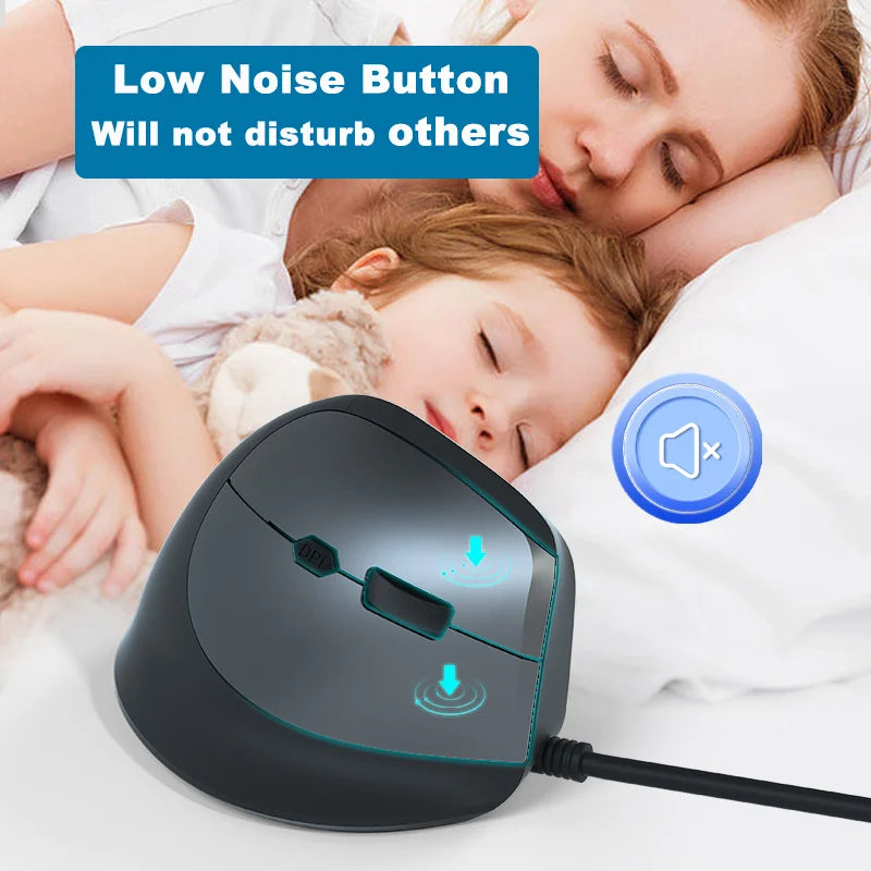 Wired Vertical Mouse Low Noise Button Ergonomics Design 3600 DPI Adjustable With Finger Support Mause Office Use Or Play Game