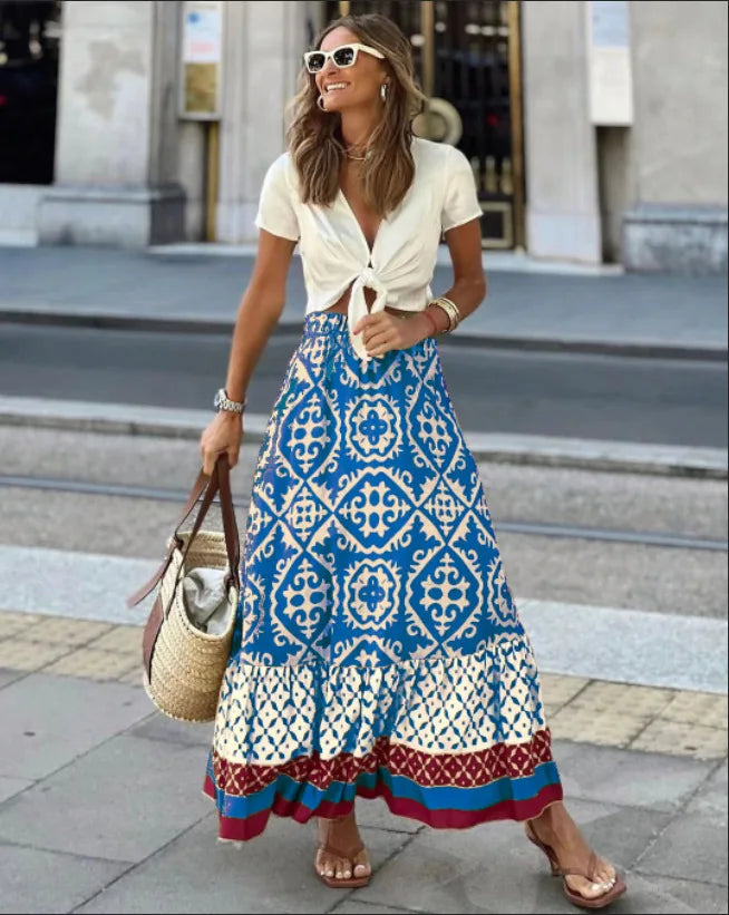 European and American foreign trade skirt independent station summer new printed loose stitching large swing skirt f