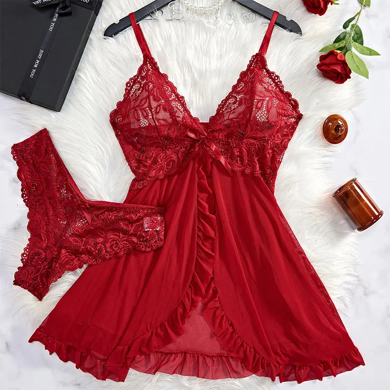 Women's Deep V Neck Low Cut Panty Pijamas Backless Mesh Transparent Red Sexy Lingerie See Through Sleepwear Lace Nightdress