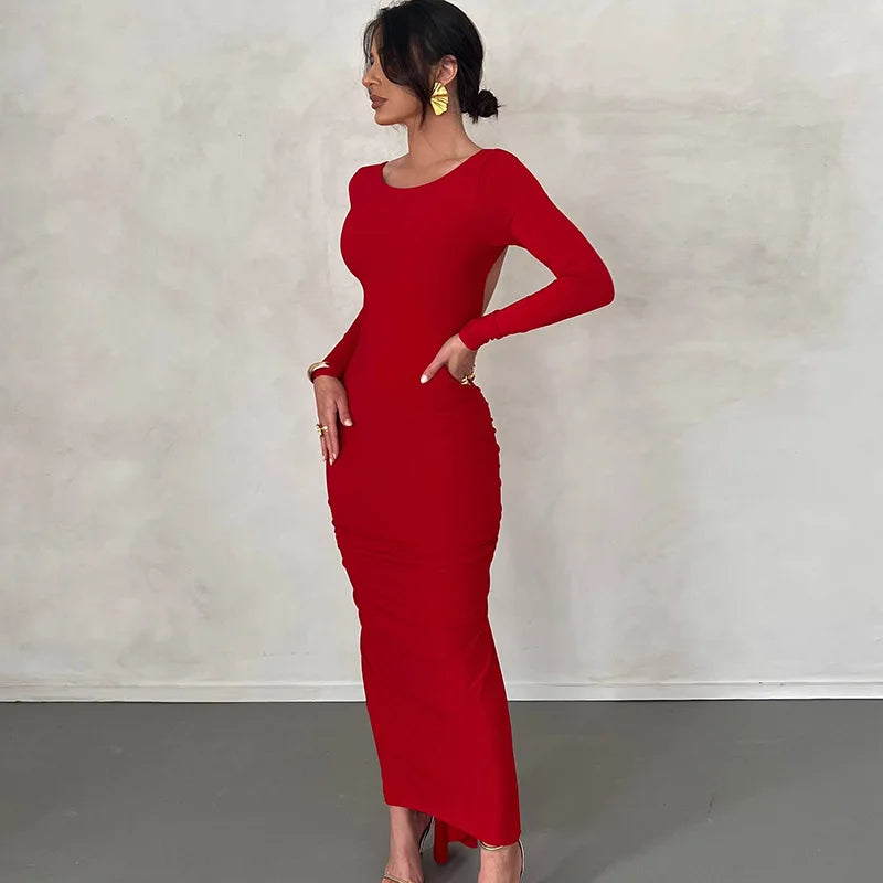 Ladies Autumn Elegant Evening Party Dress Women Long Sleeve Backless Ruched Fashion Long Dresses Woman Clothes Birthday Clubwear