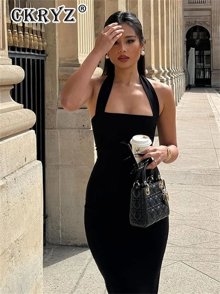 Ladies Summer Elegant New Midi Dress Women Sleeveless Backless Halter Long Dresses Evening Party Club Streetwear Woman Clothes