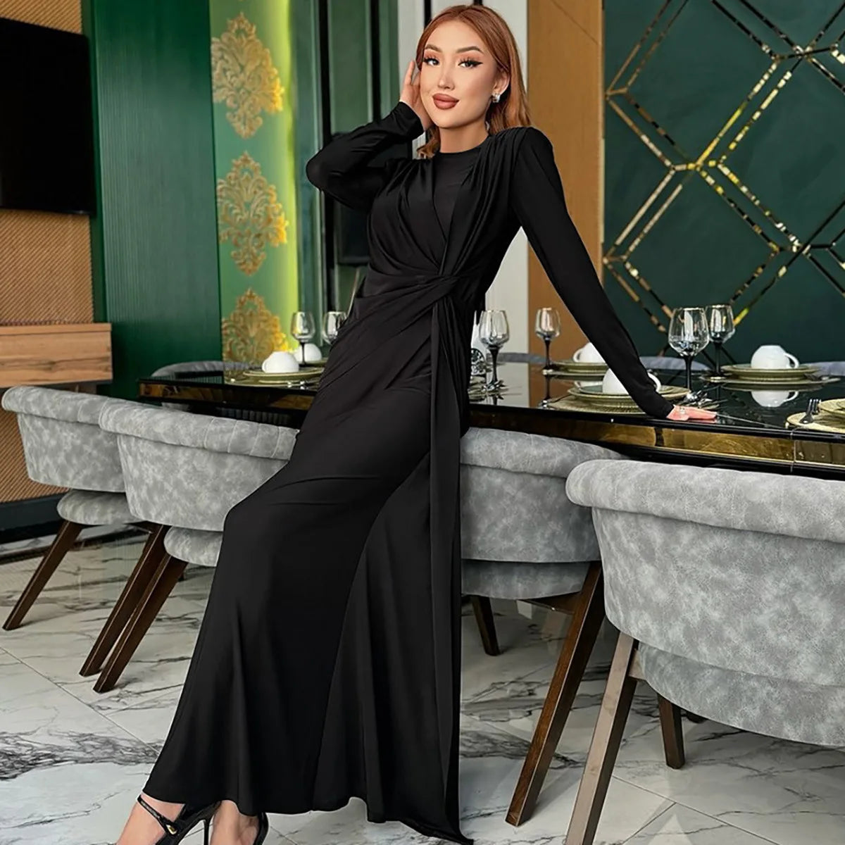 Ladies Elegant Evening Party Dress Women Long Sleeve O-Neck Ruched Fashion Long Dresses Woman Night Club Streetwear Fall Outfit