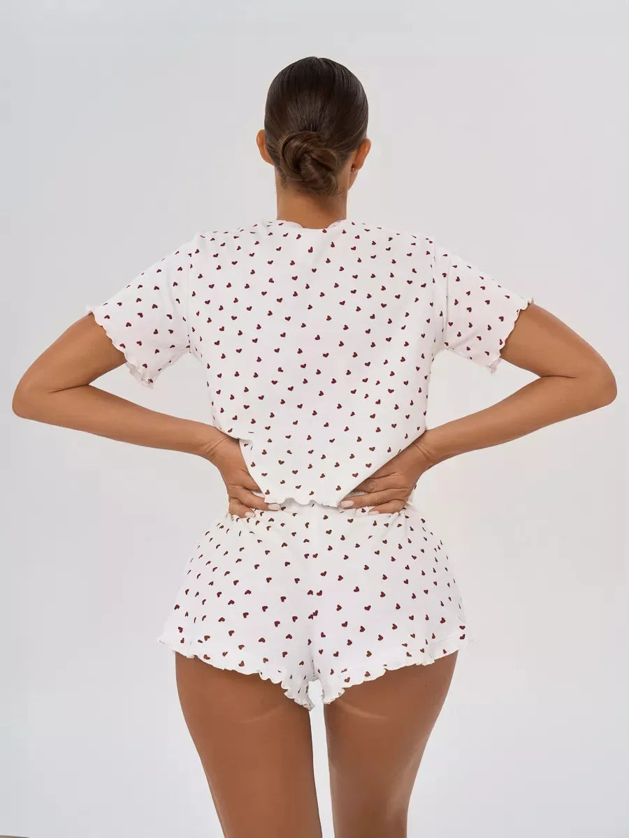 New Summer Women's Pajama Set, Cotton-blend Home Wear With Heart Print, Casual Round Neck Short Sleeve Shorts Two-piece Set