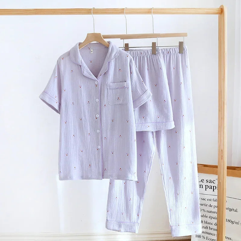 Small Love Heart Printed Cotton Pajamas for Women Three Piece Set Spring and Summer Short Sleeved Shorts Homewear Long Pants Set