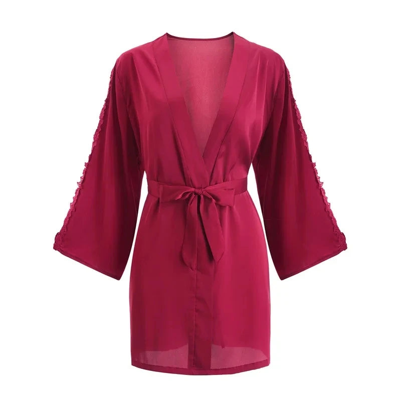 Black Satin Kimono Bridal Robe Lace Lingerie Women Sleepwear Pajamas Pure Ice Silk Wedding Morning Bathrobe Bridesmaid Robes