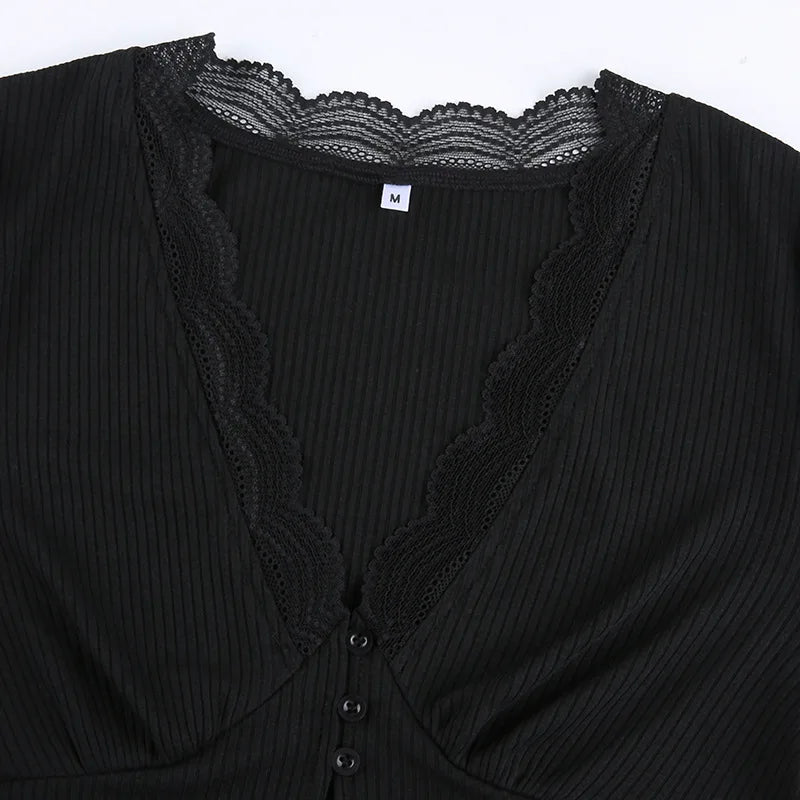 Female Clothing Solid Color Lace Splicing Wood Ear Edge Pit Strip cardigan Long Sleeve T-shirt casual V-neck Top Women's blouse