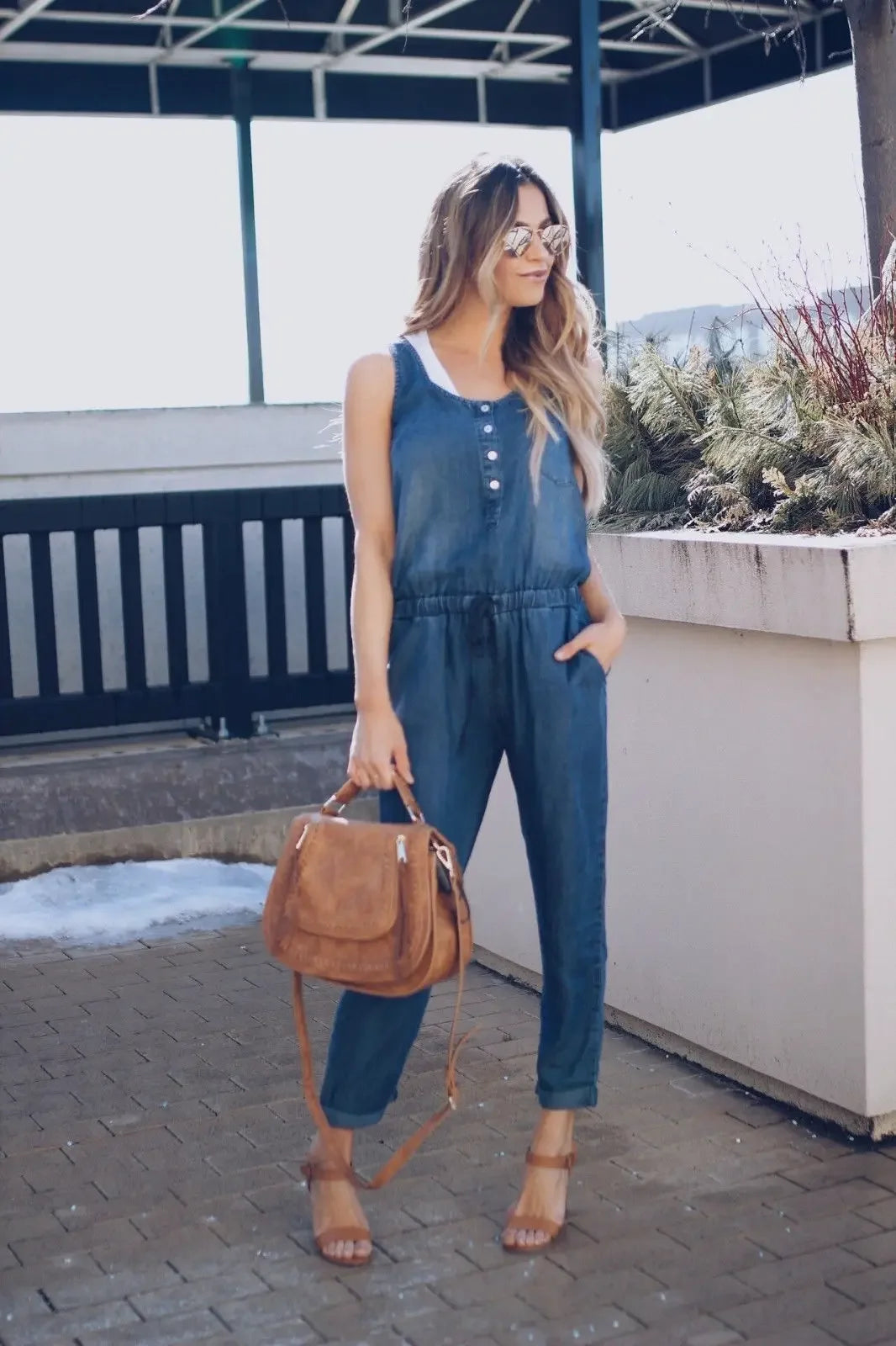Summer Fashion Jumpsuit for Women Romper Overalls Single-breasted Casual Denim Trousers Sleeveless Ankle Pants Loose Jumpsuits