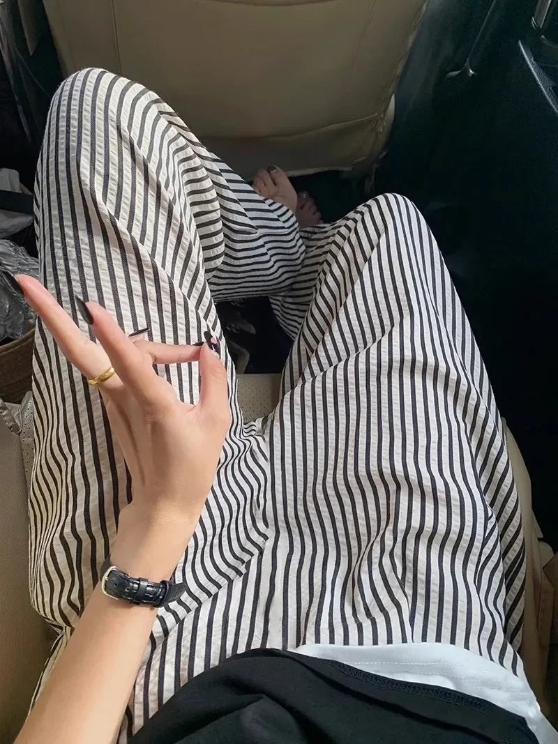 Pajama Pants Striped Spring Summer Long Premium Feeling Home Pants Student Straight Pants Elastic Waist Women Sleeping Pants