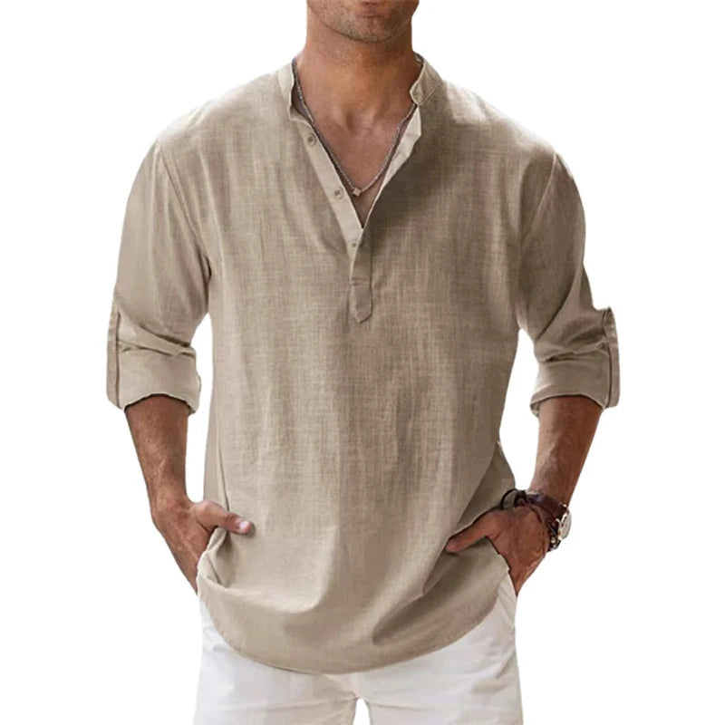2023 New Men's Linen Long Sleeve Breathable Shirt Solid Color Casual Basic Cotton Linen Shirt Tops S-5XL