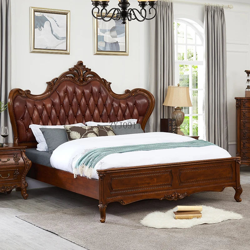 European leather solid wood bed log carved bed large apartment double master bedroom big bed