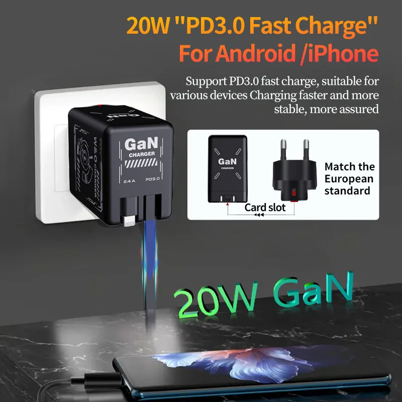 W&O GaN Fast Charging 20W Cable Type C and Lightning Liquid Silicone Cable for iPhone 14 15 Pro Max Xiaomi Realme Redmi 