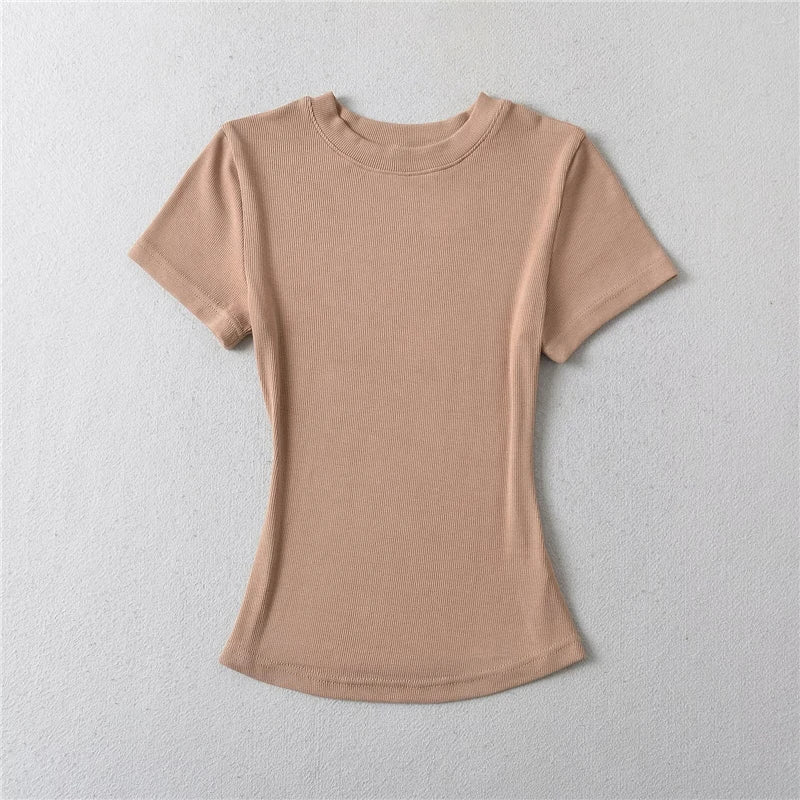 LUNDUNSHIJIA 2024 Summer Sexy Women Basic O-neck Short Sleeve T-shirt Ladies Slim Elasticity Cotton Tee Tops 12 Colors