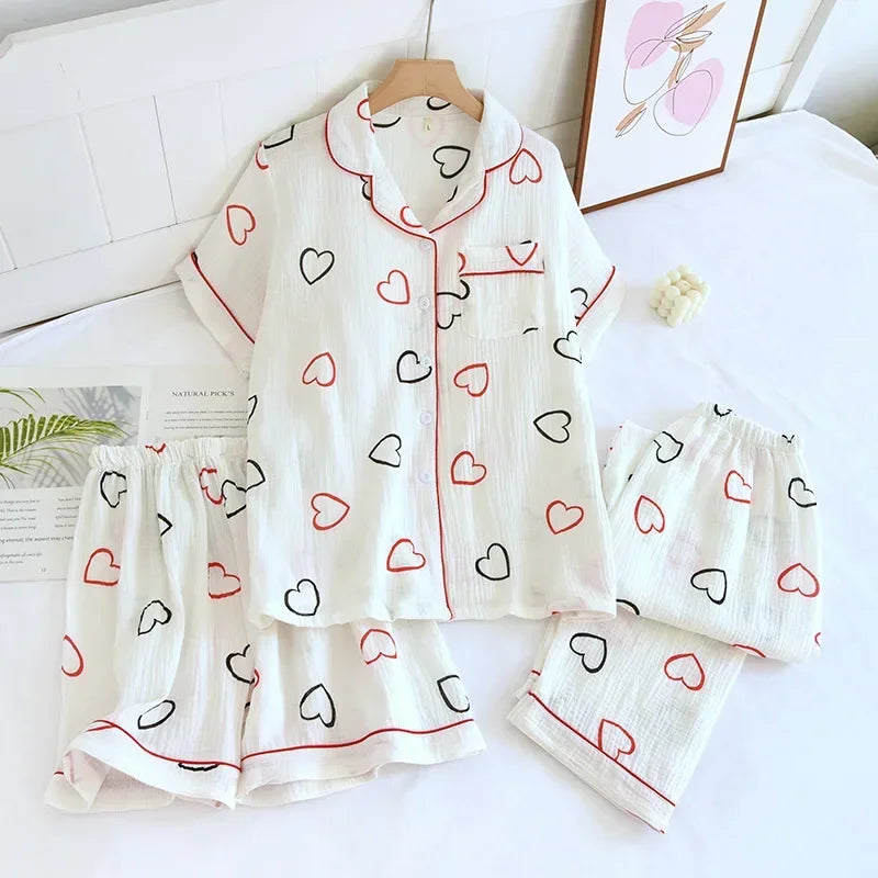 Small Love Heart Printed Cotton Pajamas for Women Three Piece Set Spring and Summer Short Sleeved Shorts Homewear Long Pants Set