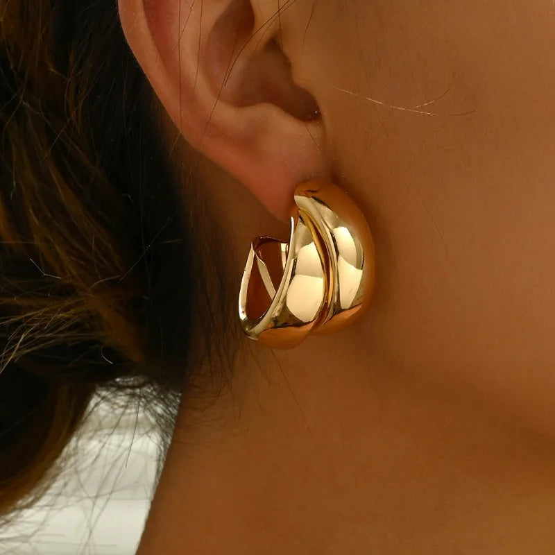 Stainless Steel Chunky Hoop Earrings for Women Girls Gold Color Double Ring Thick Geometric Drop Earrings Statement Jewelry Gift