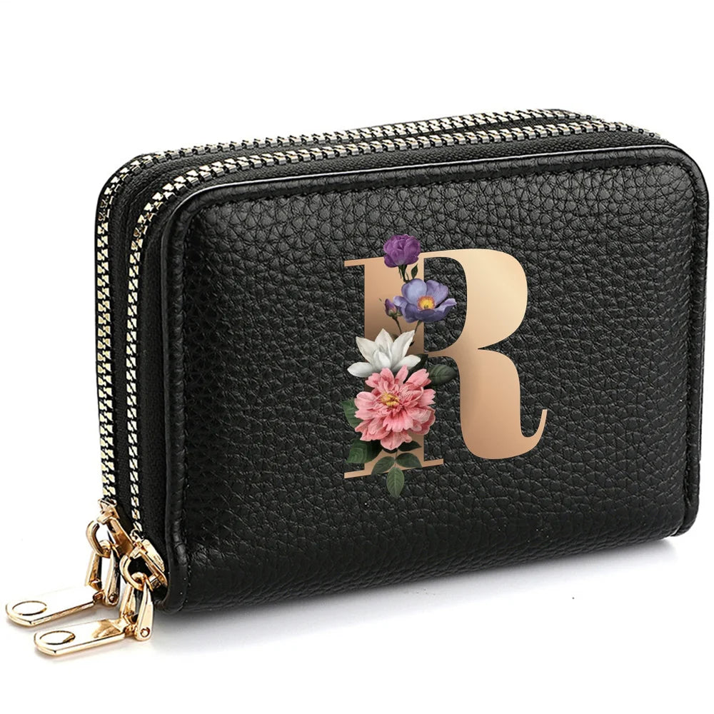 Women's Credit Card Holder Wallet, Fashionable Double-Zipper Letter Printed multi-slot Credit Card And Coin Wallet for Women