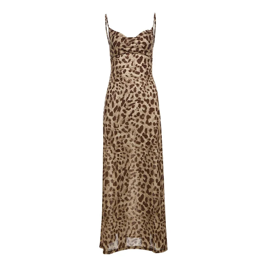 Mooyufon Leopard Print Dress Woman Summer Sexy Swing Collar Spaghetti Straps Backless Ruffles Party Clubwear Skinny Vestidos