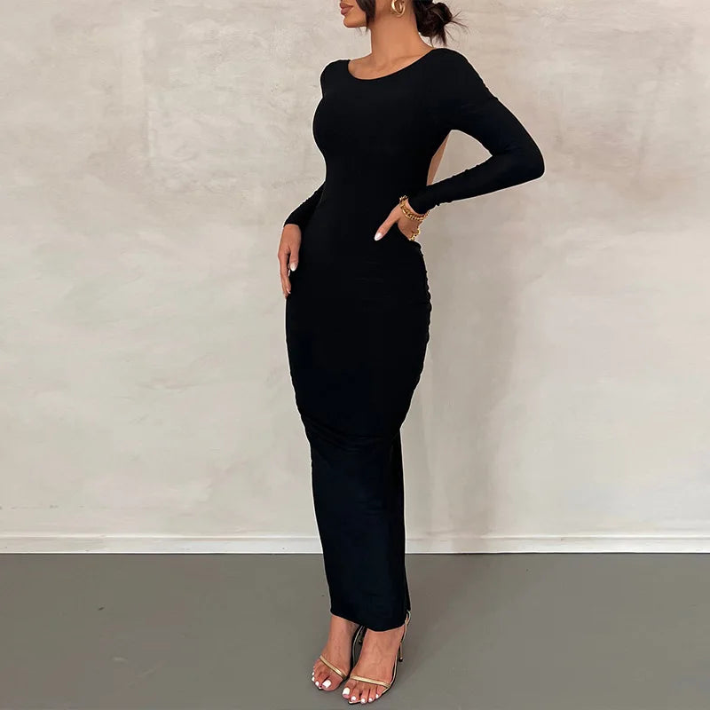 Ladies Autumn Elegant Evening Party Dress Women Long Sleeve Backless Ruched Fashion Long Dresses Woman Clothes Birthday Clubwear