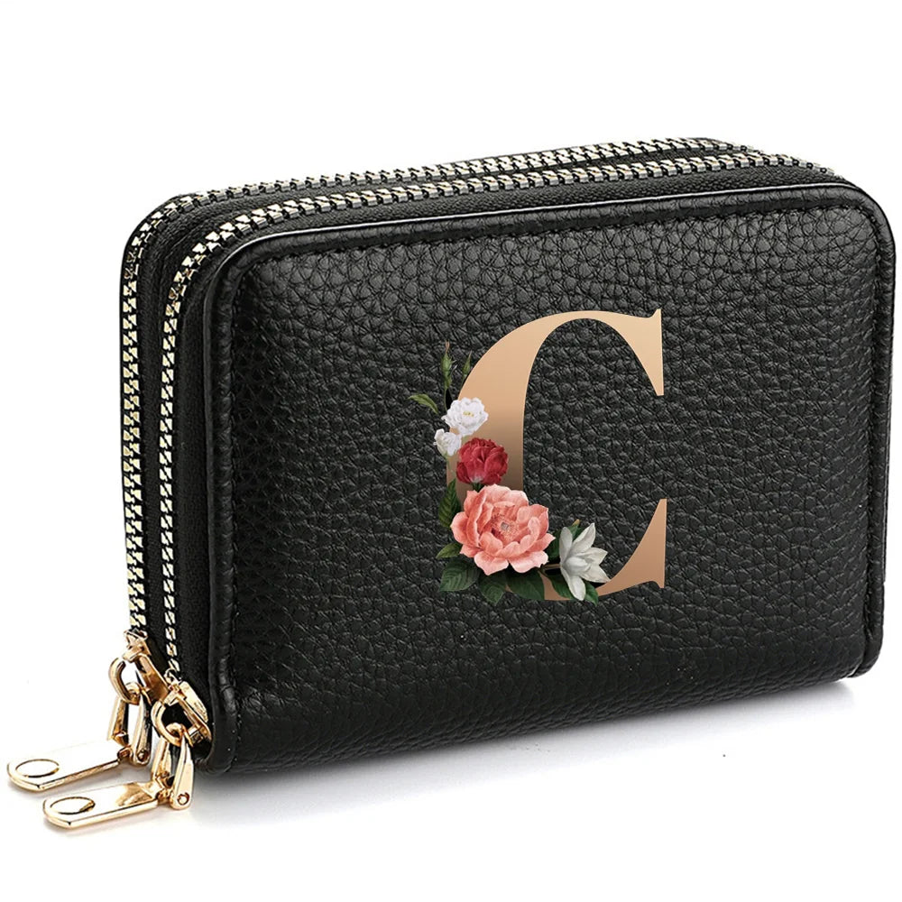 Women's Credit Card Holder Wallet, Fashionable Double-Zipper Letter Printed multi-slot Credit Card And Coin Wallet for Women