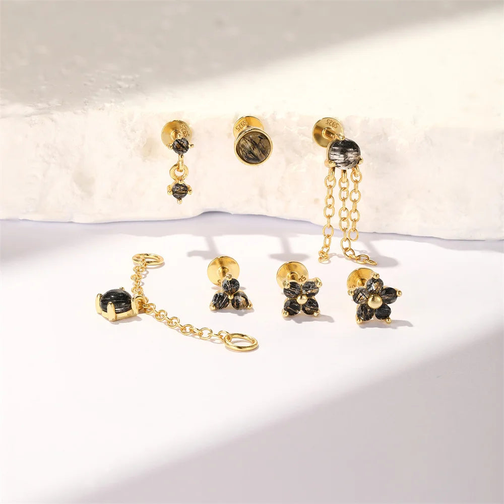 CANNER 1PC Natural Black Hair Quartz 925 Sterling Silver Horse Eye Flat Head Thread Puncture Earring Flower Piercing Earring