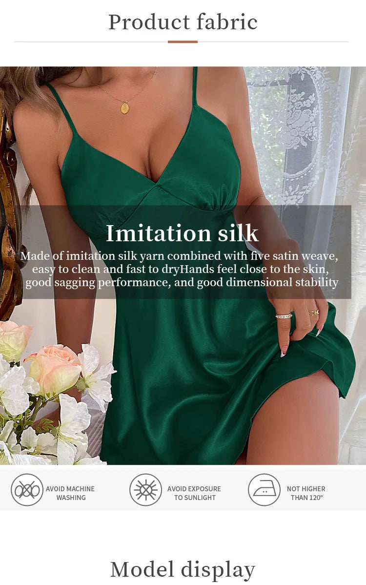 Solid Silk Satin Women Nightgown Sleeveless V Neck Pajama Dress Female Backless Sleepwear Backless Nightwear Homewear Clothing