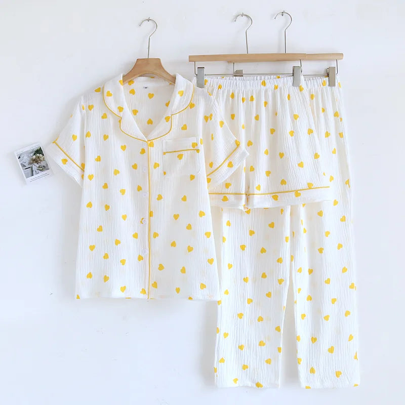 Small Love Heart Printed Cotton Pajamas for Women Three Piece Set Spring and Summer Short Sleeved Shorts Homewear Long Pants Set