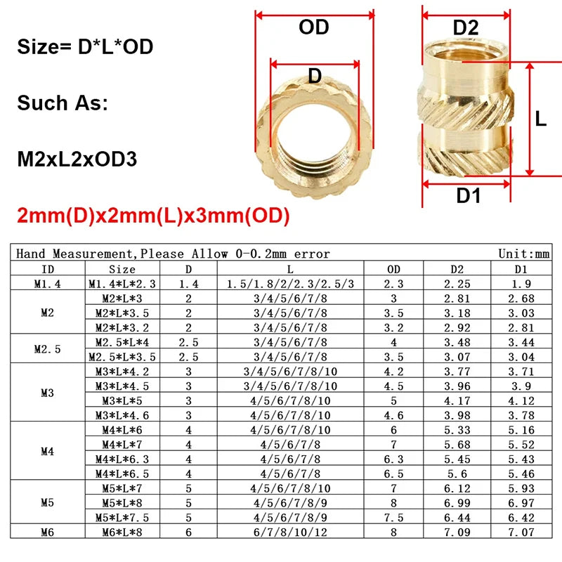 Brass Threaded Insert Nut Kit M2 M2.5 M3 M4 M5 M6 M8 Hot Melt Heat Knurled Embed Injection Copper Insertnut for 3D Print Plastic