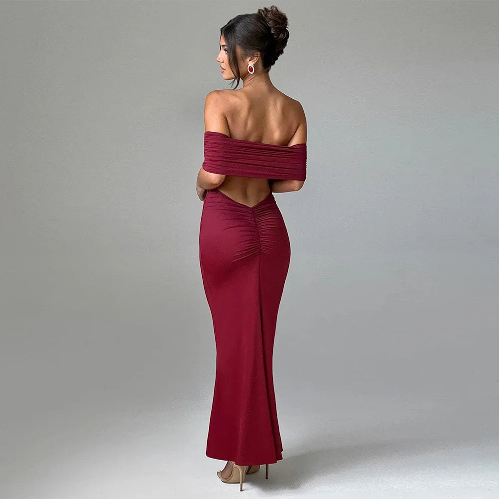 Ladies Summer Off Shoulder Fashion Evening Party Dresses For Women Strapless Backless Ruched Maxi Dress Birthday Clubwear Outfit