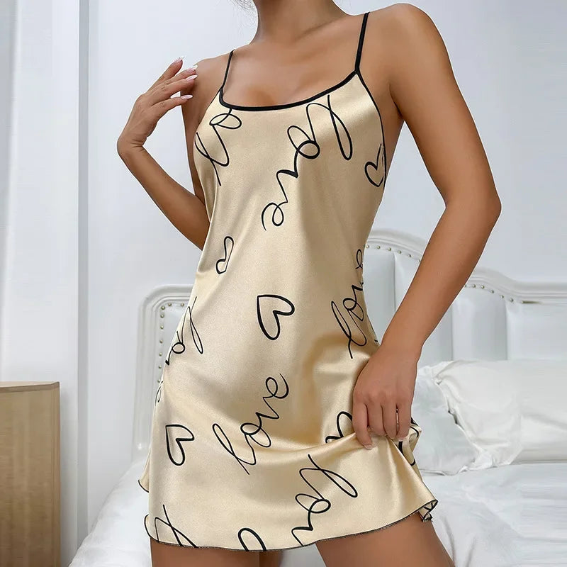 Silk Satin Women Nightgown Sleeveless Cross Back Sleepwear Letter Print Round Neck Nightwear Pajama Dress Female Homewear Cloth