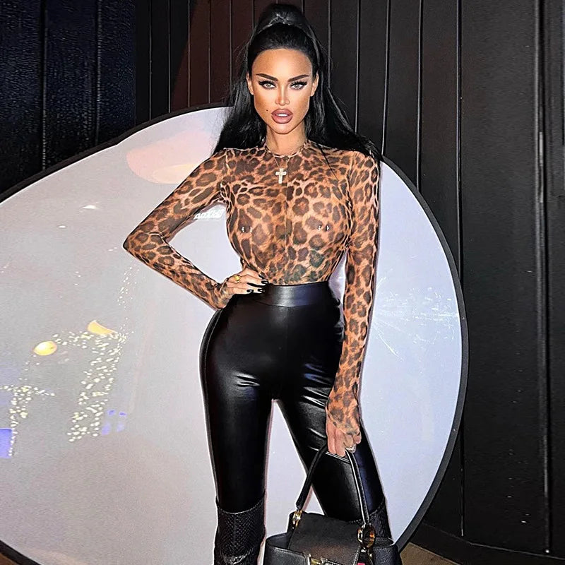 Ladies Autumn One Piece Leopard Print New Fashion Long Sleeve O-Neck Skinny Sexy Bodysuit Women Party Club Wear Y2K Fall Outfits