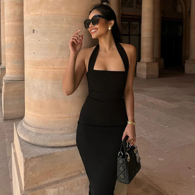 Ladies Summer Elegant New Midi Dress Women Sleeveless Backless Halter Long Dresses Evening Party Club Streetwear Woman Clothes