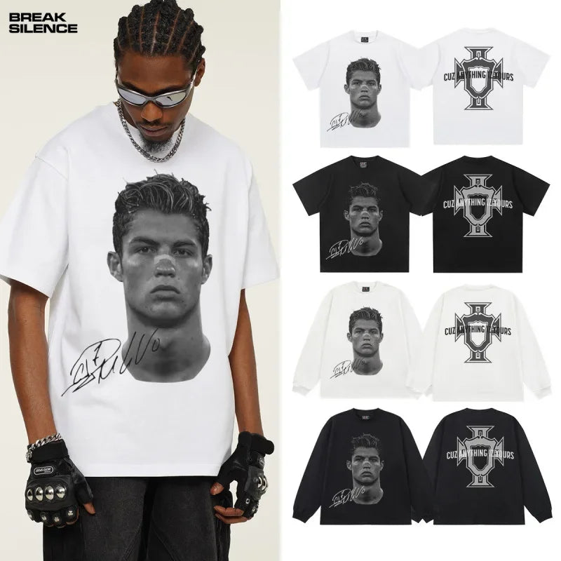 2025 Cristiano Ronaldo football superstar super fashion printed short sleeve T-shirt men distress American cotton Women Tshirt