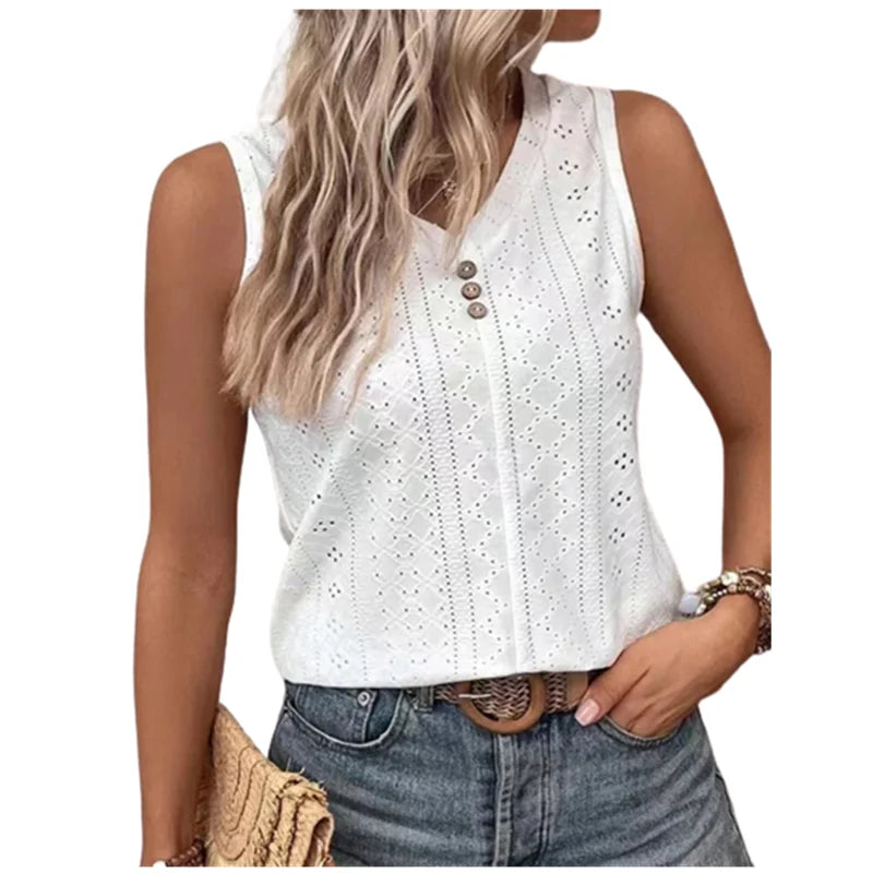 2023 Women Blouses Summer Sexy Tank Hollow V-Neck Button Loose Shirts Elegant Sweet Casual Sleeveless Solid Color Oversized Tops