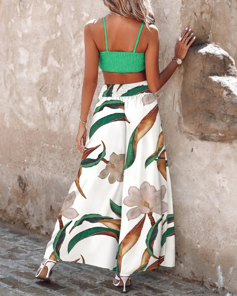 Women's 2024 Summer New Commuter Sexy Sleeveless Short Strap Pants Two Piece Set Fashion Printed Strap Wide Leg Pants Set