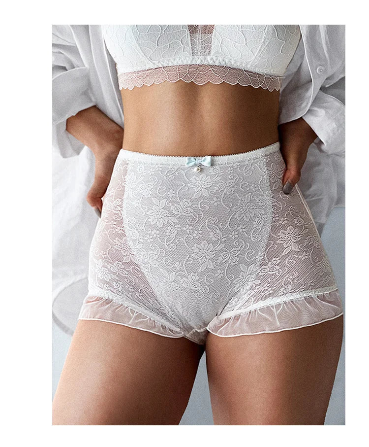 SP&CITY High Waist Flower Embroidery Sexy Lace Women's Underwear Transparent Shorts Mesh Hollowed Panties Ruffle Seamless Briefs