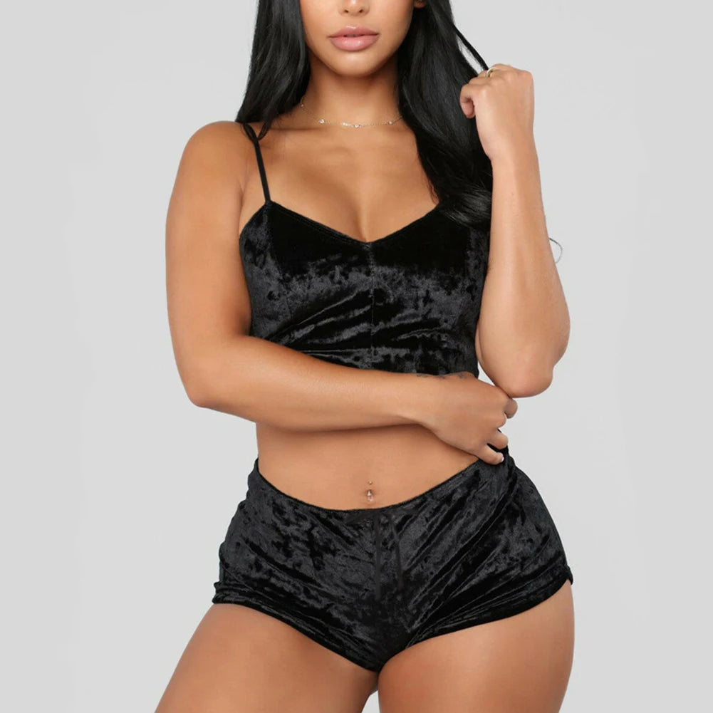 Women Summer Sexy Nightwear V-neck Lingerie Suspender Sleepwear Underwear Crop Tops Shorts Pajamas Set Solid Ladies Nightgown