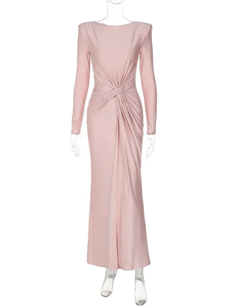 New Elegant High Waist Folds Long Maxi Pink Dresses for Women 2025 Chic O-neck Long Sleeve Tunics Slim Solid Party Evening Dress