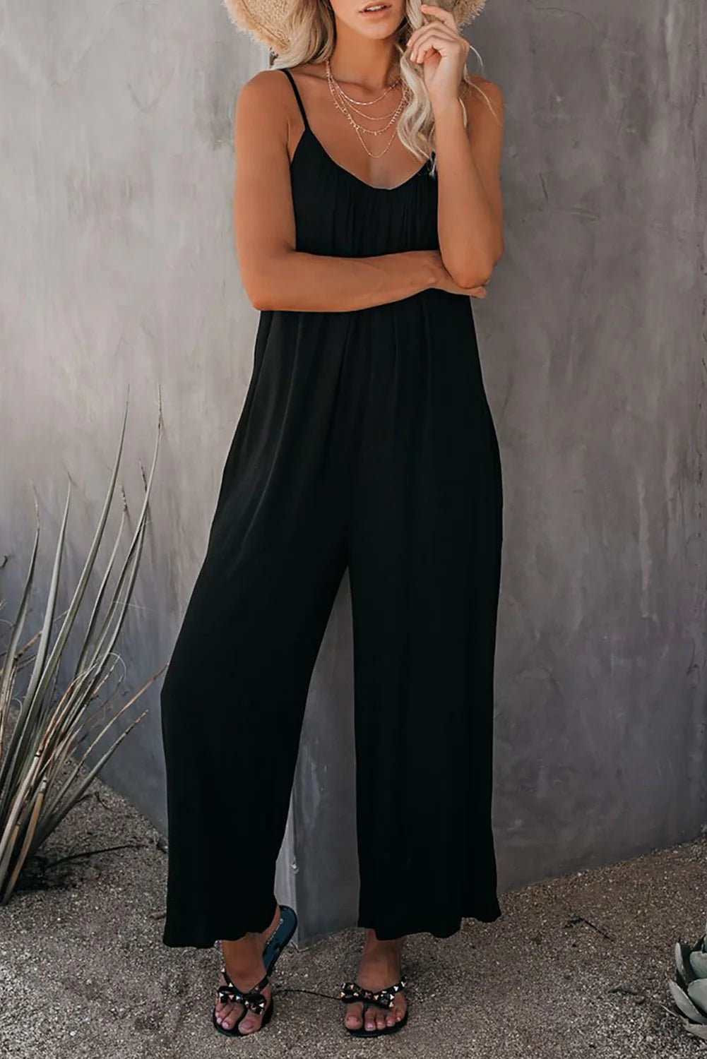 European and American Suspender Women's 2023 Summer New Foreign Trade Tolid Color Pocket Casual Jumpsuit