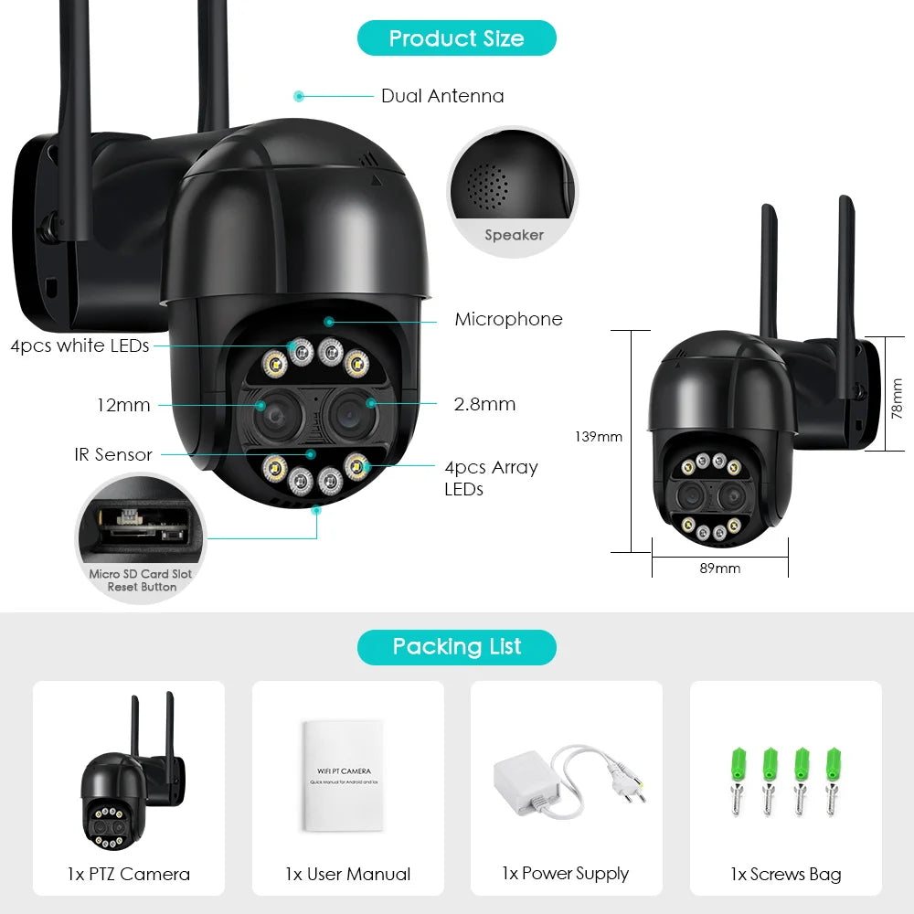 8MP 4K Dual Lens PTZ IP Camera 8x Hybrid Zoom 2.8+12mm Human Detection 4MP Audio Security ICsee Video Surveillance WiFi Camera