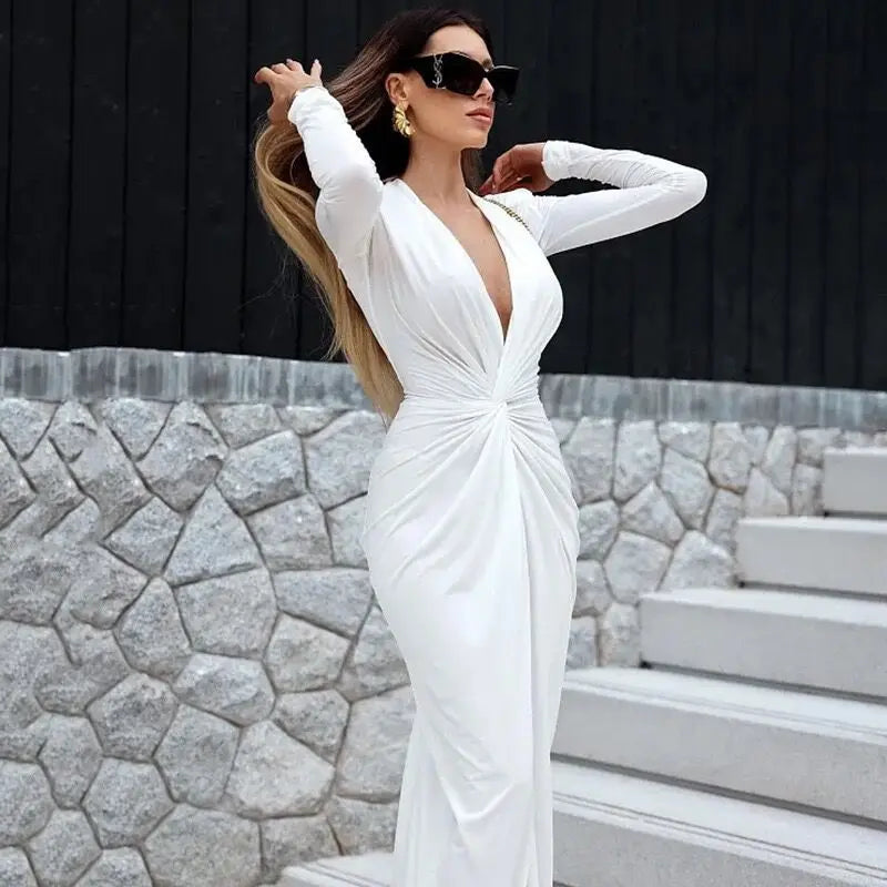 Ladies New Ruched Elegant Dress Long Sleeve V-Neck Side Slit Bodycon Long Dresses Evening Party Club Fashion Women Fall Outfits