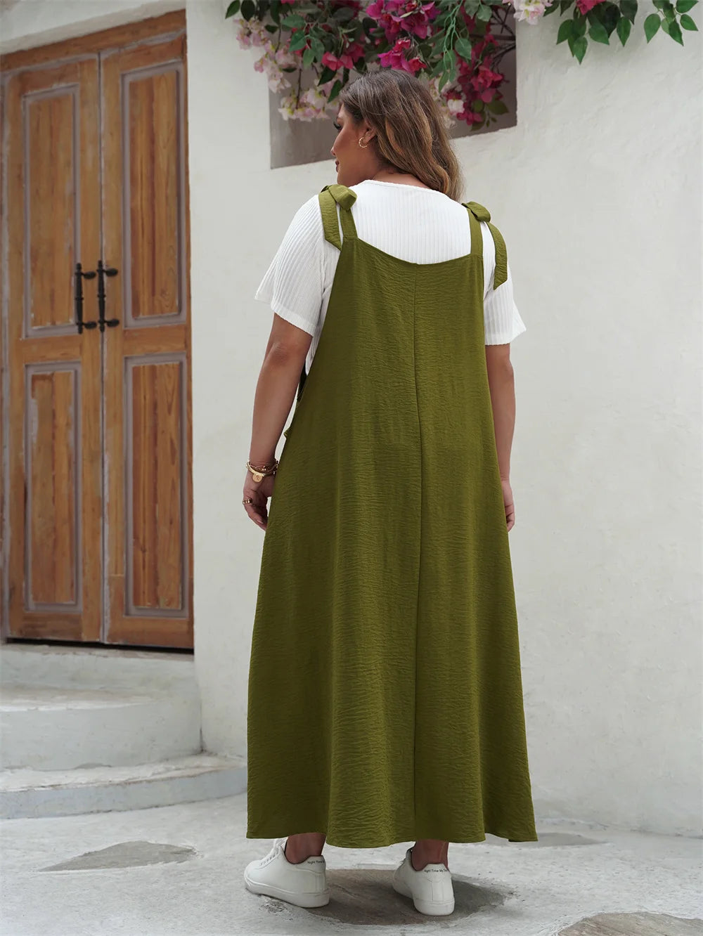 GIBSIE Plus Size Solid Tie Shoulder Overalls Dress For Women