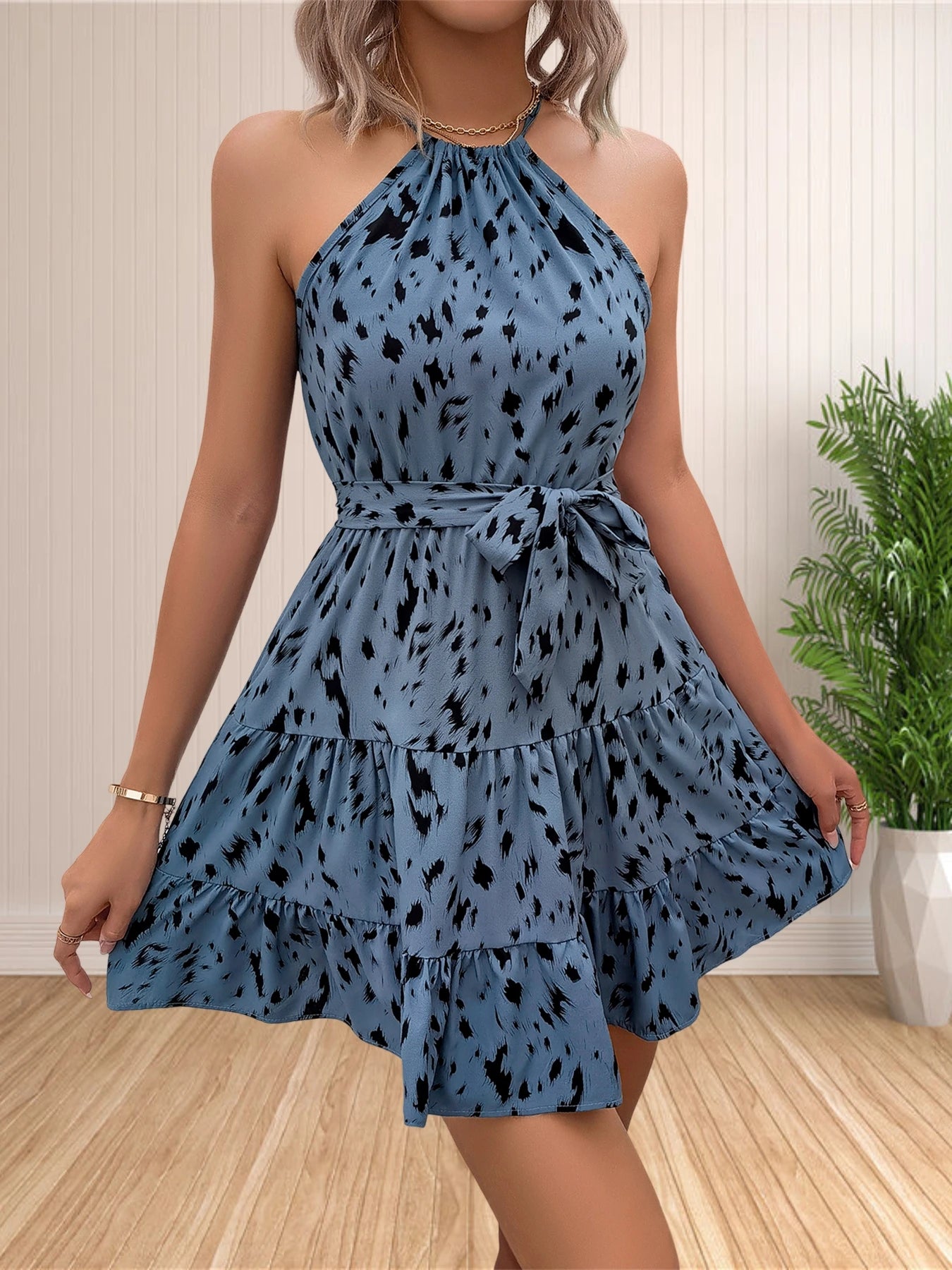 Women 2024 Summer Halter Neck Dresses Sleeveless Casual Floral Polka Dot Print Short Boho Ruffle Sundress