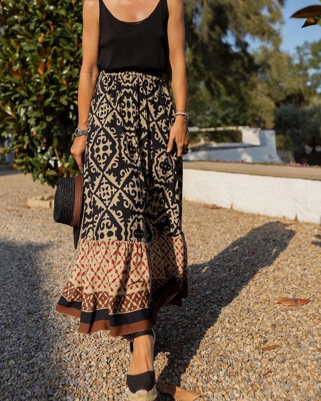 European and American foreign trade skirt independent station summer new printed loose stitching large swing skirt f