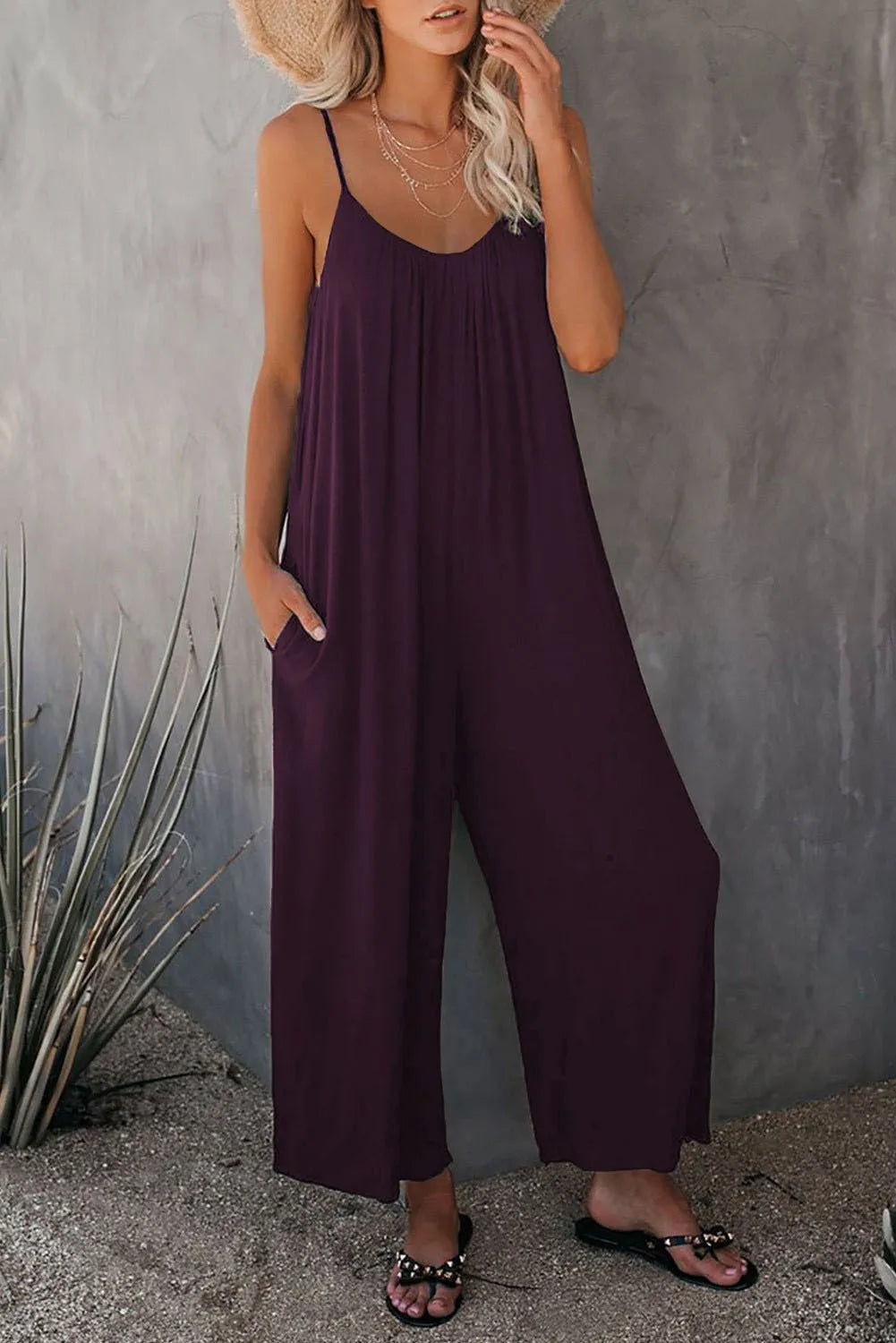 European and American Suspender Women's 2023 Summer New Foreign Trade Tolid Color Pocket Casual Jumpsuit